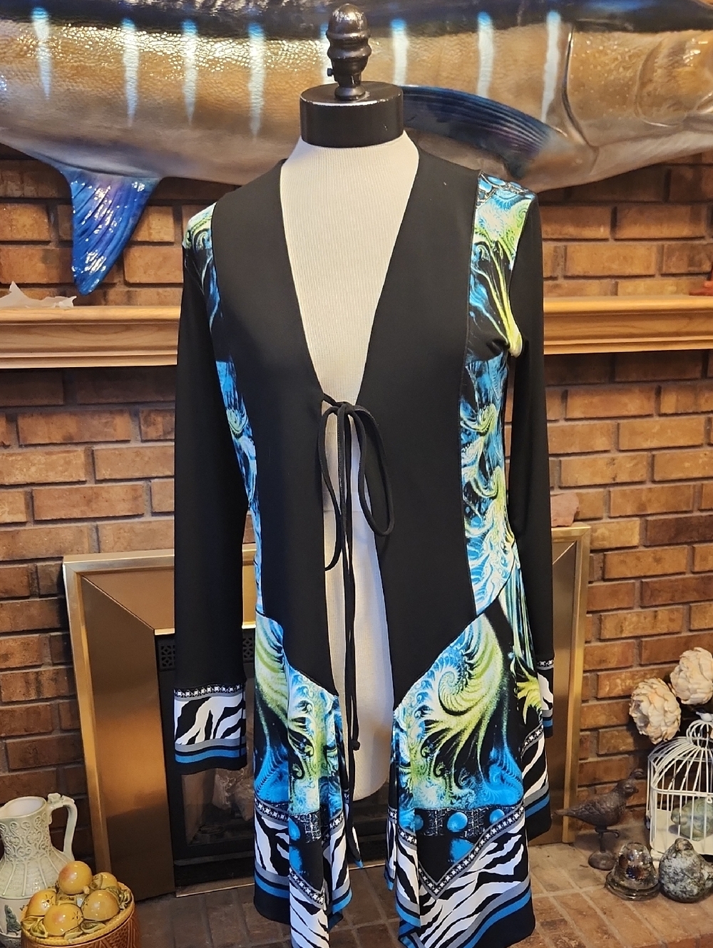Eva Varro Black Open Front Cardigan Mixed Media Art To Wear Size M Zebra Flowy